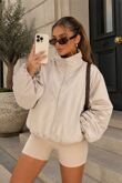 Beige Balloon Sleeve Lined Zip Windbreaker Jacket