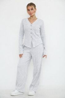 Bleach Grey Soft Ribbed Buttoned Cardigan With Wide Leg Trouser