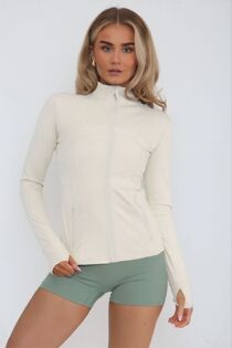 Beige High Neck Fitted Zip-Up Lightweight Athletic Jacket