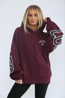 Wine Oversized Drop Shoulder Los Angeles 91 Zipped Hoodie