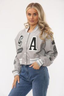 Dove Grey Faux Leather Cropped Varsity Bomber Jacket