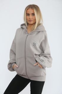 Dove Grey Oversized Drop Shoulder Los Angeles 91 Zipped Hoodie