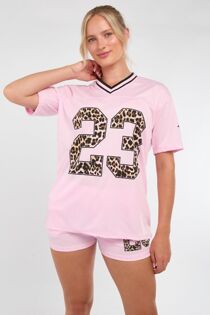 Oatmeal Leopard Base Print Varsity T-Shirt With Short Set