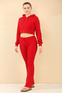 Red Cropped Zipped Hoodie With Bell Bottom Trouser