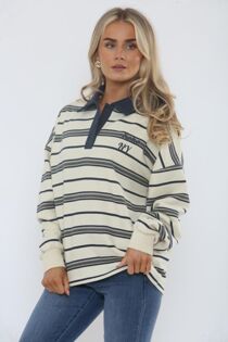 Navy Long Sleeve Rugby Collar SOHO Printed Polo Sweatshirt