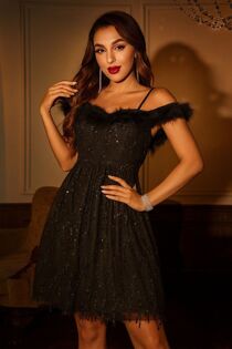 Black Sequin Feathers Strap Midi Dress