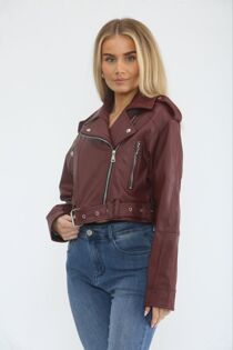 Wine Faux Leather Cropped Belted Biker Jacket