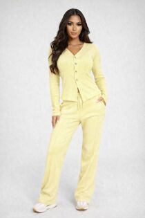 Yellow Soft Ribbed Buttoned Cardigan With Wide Leg Trouser