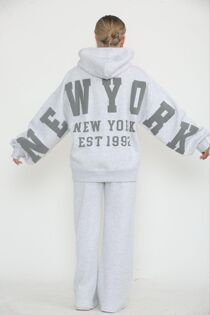 Bleach Grey Drop Shoulder NEW YORK Printed Hoodie With Trouser