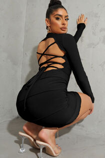 Black Slinky Lace Up Back Long Sleeve Bodycon Dress