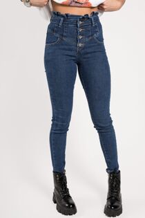 Blue Button Front Paperbag Waist Jeans