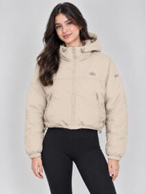 Beige Printed Cropped Utility Bomber Jacket