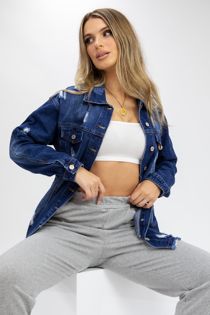 Blue Distressed Frayed Hem Denim Jacket