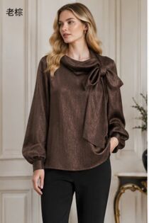 Brown Elegant Bow-Detail Textured Blouse