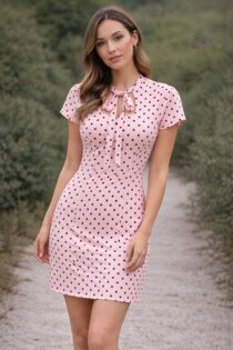 Short Sleeve With Bow Tie Neck Retro Polka Dot Mini Dress