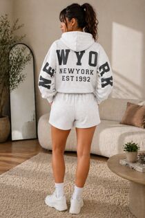 Bleach Grey Oversized New York Printed Hoodie With Shorts Set