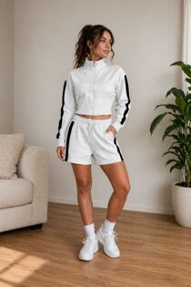 Bleach Grey Interlock 2 Stripe Sweatshirt With Short Co-Ord Set