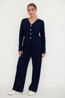 Navy Soft Ribbed Buttoned Cardigan With Wide Leg Trouser