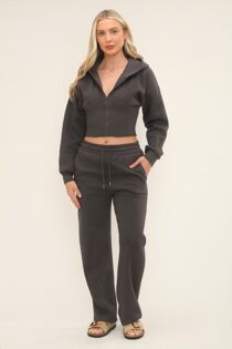 Slate Grey Ribbed Corset Fit Hoodie With Straight Leg Trouser
