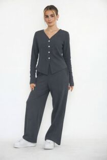 Slate Grey Soft Ribbed Buttoned Cardigan With Wide Leg Trouser