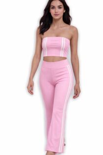 Pink Strapless Cropped Top With Side Striped Flare Trouser