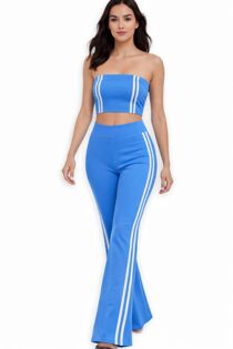 Sky Blue Strapless Cropped Top With Side Striped Flare Trouser