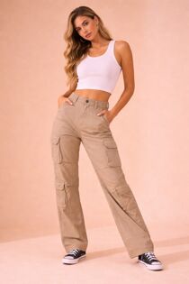 Beige Adjustable Hem Cargo Pocket Wide Leg Trouser