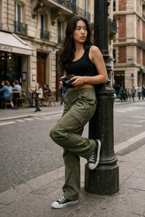 Khaki Adjustable Hem Cargo Pocket Wide Leg Trouser