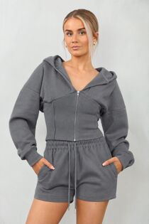 Slate Grey Ribbed Corset Fit Hooded Short Set
