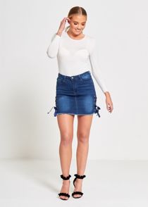 Denim Eyelet Ribbon Petite Hem Mini Skirt