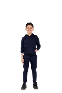 Navy Kids Plain Fleece Pullover Hooded Tracksuit