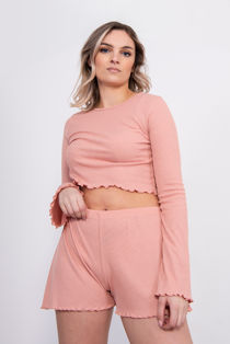 Dusty Pink Ribbed Ruffle Lounge Shorts Set