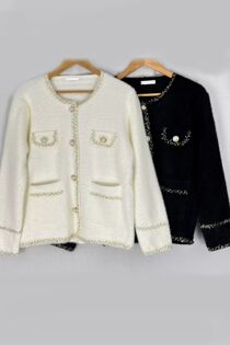 Contrast Long Sleeve Pearl Button Knitted Cardigan