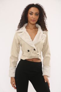 Faux Leather Cropped Belted Jacket With Fur Collar And Cuffs