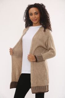 Casual Open Front Striped Details Mid Length Wool Cardigan
