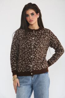 Contrast Leopard Print Love Buttoned Front Knitted Cardigan