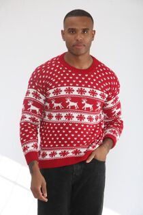 Red Snow Flake And Reindeer Christmas Jumper