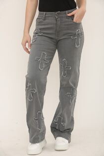 Grey Wide Leg Distressed Cross Patch Denim Jeans