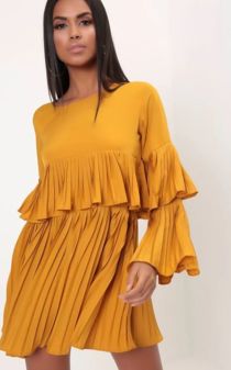 Mustard Pleated Ruffle Mini Dress