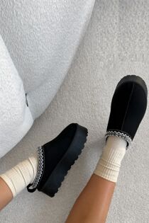 Black Embroidered Fluffy Platform Detail Faux Fur Lined Boots