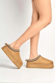Chestnut Embroidered Fluffy Platform Detail Faux Fur Lined Boots