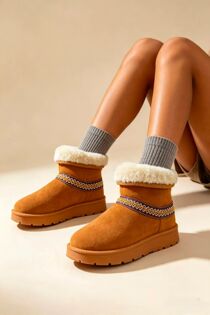 Chestnut Suede Faux Fur Lined Aztec Trim Ankle Boots