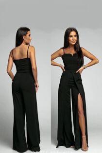 Black Front Slit Wide Leg Jumpsuit With Spaghetti Straps