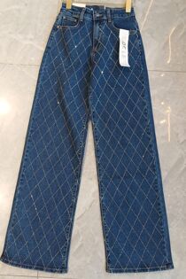 Blue Wide Leg Diamond Pattern Glitter Jeans