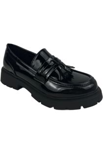 Black Patent Slip on Chunky Flatform Loafer Shoes with Tassel