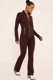 Brown Sculpted Zip-Up Jacket & Flare Leggings Set