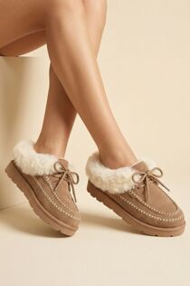 Beige Faux Fur Trim Stitch Detail Moccasin Slippers