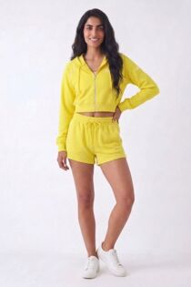 Yellow Contrast Piping Printed Zip Up Hoodie With Short Set
