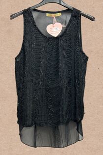 Black Sequined Dip Hem Top