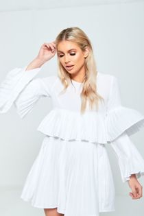White Pleated Ruffle Mini Dress